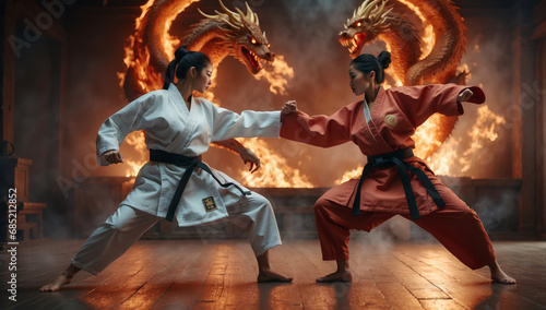Two karate fighters fight in a temple.