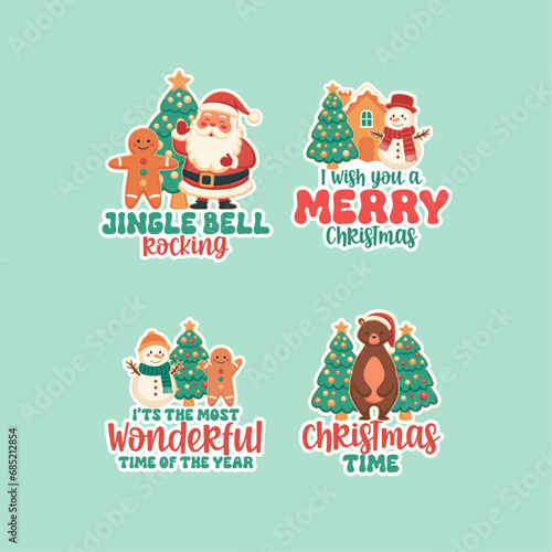 Christmas gingerbread, Santa and snowman badges, stickers set with quotes. Jingle bell rocking, I wish you a merry Christmas, It's the most wonderful time of the year, Christmas time,.   © Pilar Arias Grení
