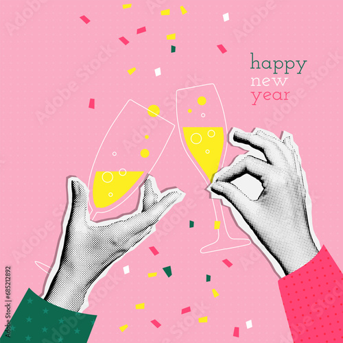 Vintage New year party banner template in groovy 90s style with halftone sticker effect. Two hands holding retro champagne glasses. Trendy Vector mixed media design.