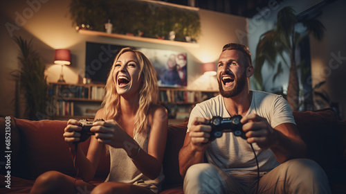 Tela young couple playing video game, sitting on couch