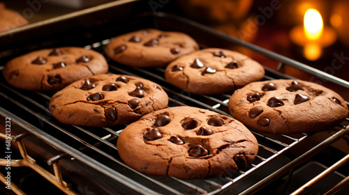 オーブンから出した焼きたてのチョコチップクッキーのアップ photo