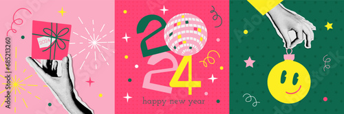 90s vintage set of Happy new year 2024 design. Hands holding New Year's toy and gift box. Colorful halftone collage style vector illustrations. Vector design for poster, banner, greeting cards