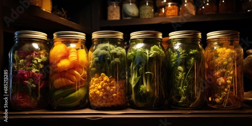 mason jars filled with different vegetables, herbs and spices