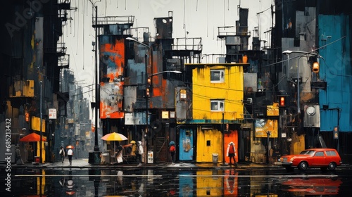 Painting of cyberpunk city streetsshowing the texture of thick oil paint strokes on the rustic canvas, vibrant colors