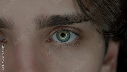 Eye of a young man macro shot. A man blinks moistening his eyeball. Dry eye syndrome. Health concept. photo