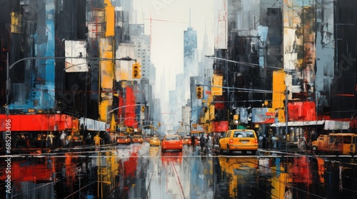 Painting of cyberpunk city streetsshowing the texture of thick oil paint strokes on the rustic canvas, vibrant colors