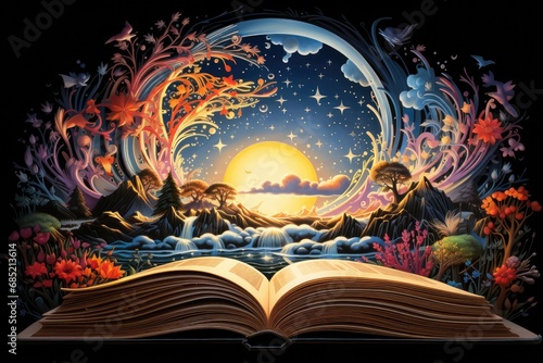 the opening of a book shows a colorful rainbow and dark night sky, in the style of vibrant fantasy  photo
