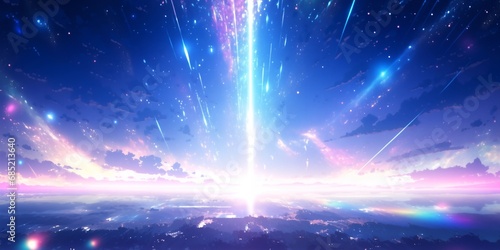 an image of space with space rays falling away, in the style of light indigo and blue