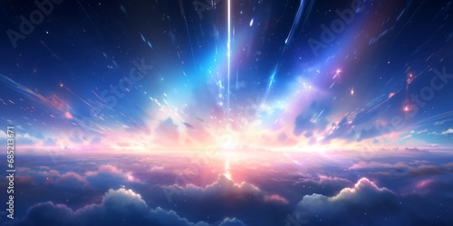 an image of space with space rays falling away, in the style of light indigo and blue photo