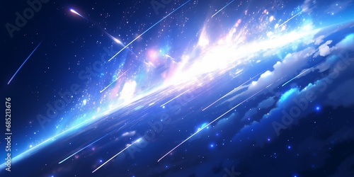 an image of space with space rays falling away, in the style of light indigo and blue