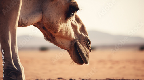 Close Up of Camel Face in Desert Environment with Warm Golden Light