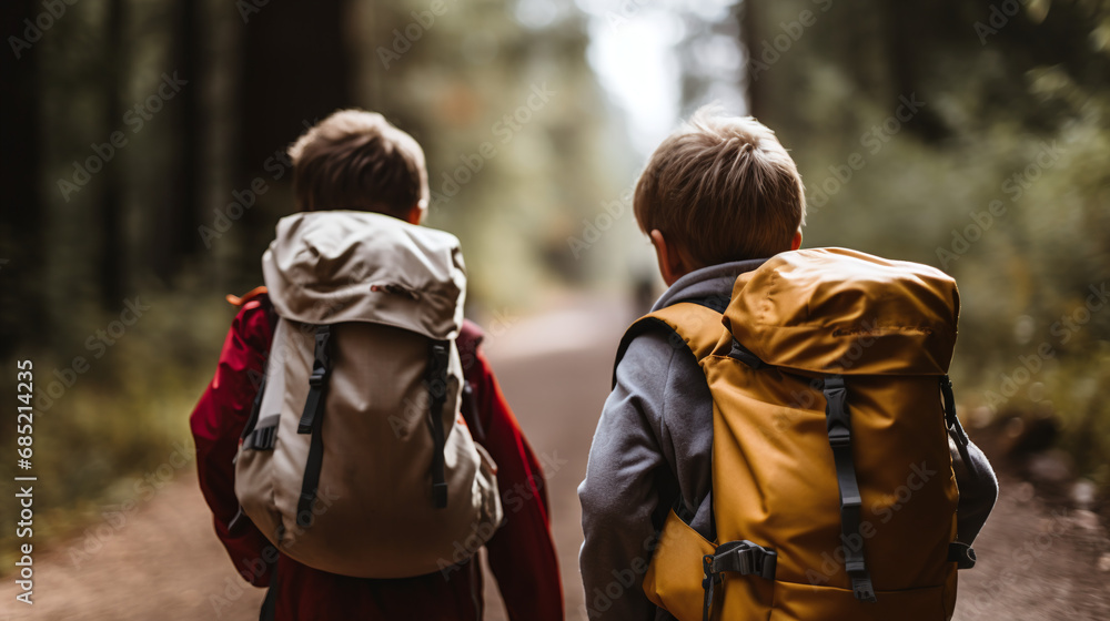 Two Children with Backpacks Walking on Forest Trail Adventure Friendship Travel Two Children with Backpacks Walking on Forest Trail Adventure Friendship Travel