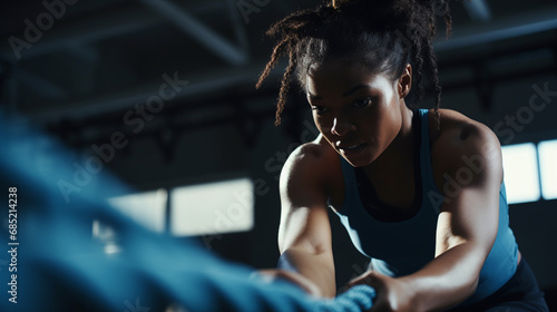 Focused Female Athlete Performing Battle Rope Exercise in Gym Fitness Training Workout Intensity Determination photo