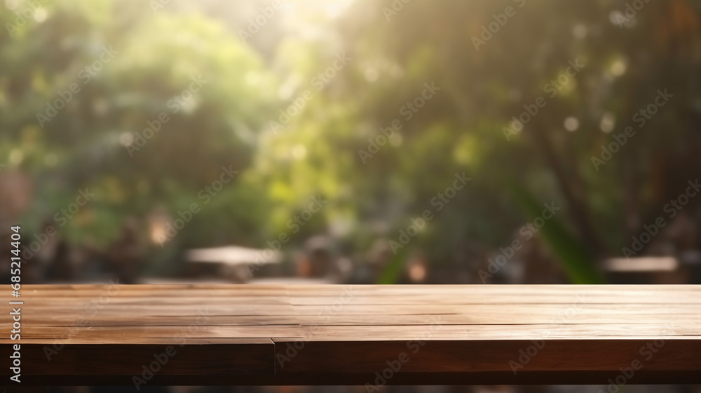 Wooden Table Top with Blurred Green Nature Park Background and Warm Sunlight Bokeh Effect Perfect for Product Display Montage Wooden Table Top with Blurred Green Nature Park Background and Warm Sunlight Bokeh Effect Perfect for Product Display Montage