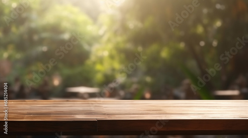 Wooden Table Top with Blurred Green Nature Park Background and Warm Sunlight Bokeh Effect Perfect for Product Display Montage