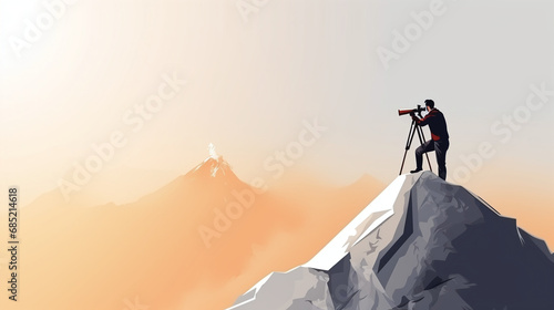 Mountain Expedition Adventure Seeker Using Telescope on Snowy Peak at Sunrise