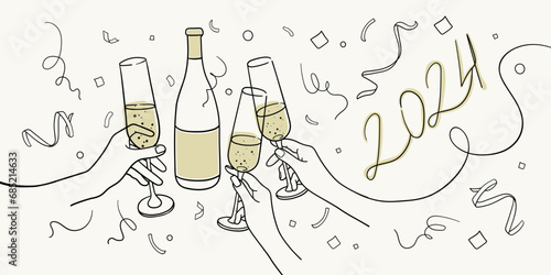Continuous line yellow champagne cheers one line art, continuous drawing contour on yellow background. 3 Wine glasses with drinks. Cheers toast festive decoration for holidays. Vector illustration