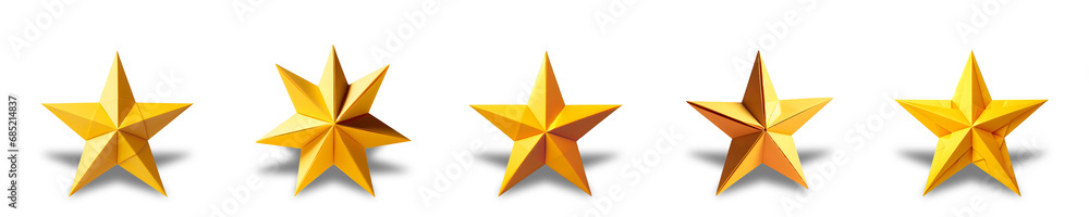 Set of Five Origami Style Yellow Golden Star Icons, Transparent Background, Assorted Styles Set of Five Origami Style Yellow Golden Star Icons, Transparent Background, Assorted Styles