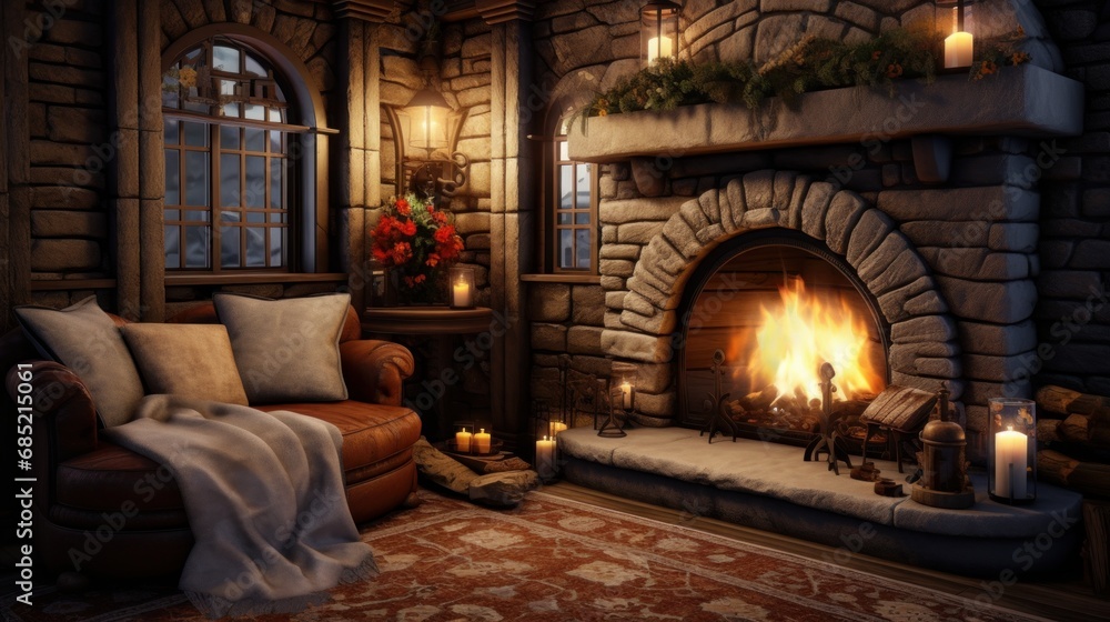 A cozy corner with a fireplace and plush rugs AI generated illustration A cozy corner with a fireplace and plush rugs AI generated illustration