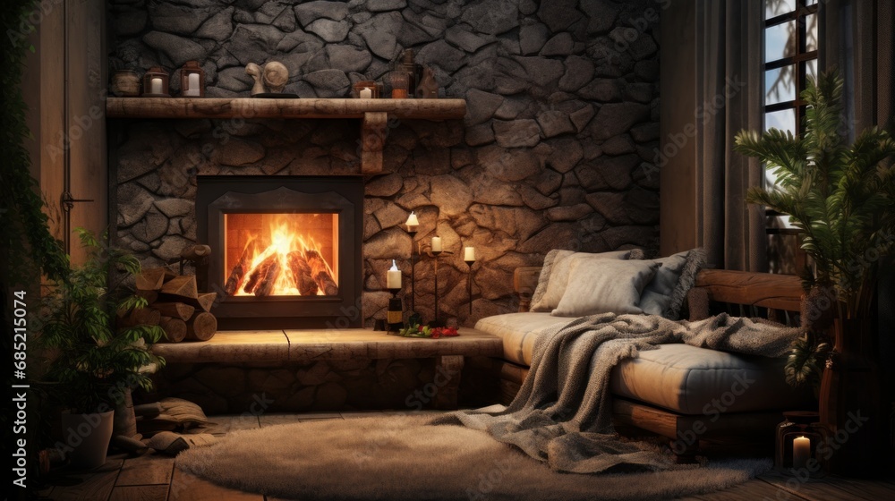 A cozy corner with a fireplace and plush rugs AI generated illustration