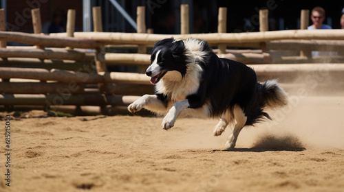 Energetic Border Collie Running at High Speed in Sand Arena Animal Agility Training 