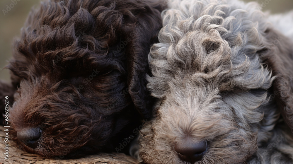 Close Up of Two Adorable Curly Coated Sleeping Puppies Resting Peacefully on Wooden Log in Natural Setting