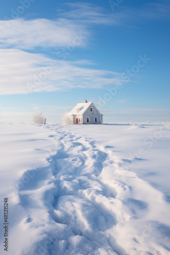A farm covered in fresh white snow sparkling under the sunlight but devoid of any life AI generated illustration
