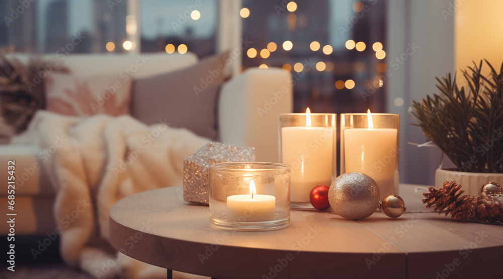 Burning candles on table in living room with Christmas decor. Space for text Burning candles on table in living room with Christmas decor. Space for text