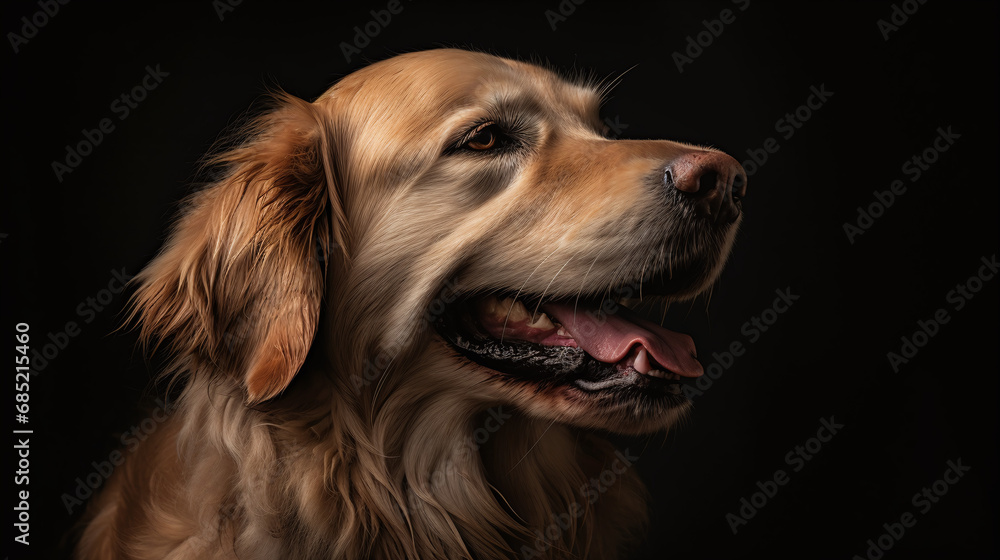 Golden Retriever Profile Portrait with Tongue Out on Black Background in High Resolution