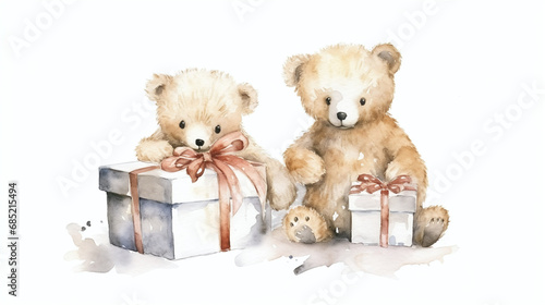 Watercolor Teddy Bears with Gift Boxes Cute Illustration for Birthday Celebration Greeting Cards or Children's Decor Elements photo