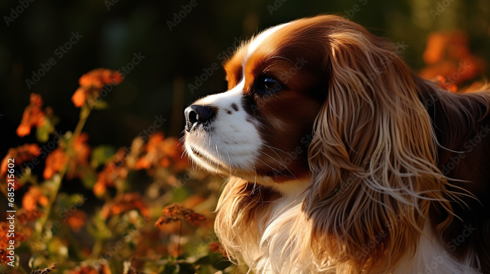 Cavalier King Charles Spaniel Dog Profile in Golden Hour Light with Autumn Flowers Background Cavalier King Charles Spaniel Dog Profile in Golden Hour Light with Autumn Flowers Background