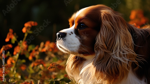 Cavalier King Charles Spaniel Dog Profile in Golden Hour Light with Autumn Flowers Background