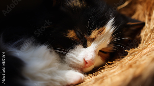 Sleeping Calico Kitten Nestled in Warm Sunlight on Soft Bed of Straw