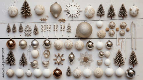A flat lay arrangement of simplistic Scandinavian-style Christmas ornaments AI generated illustration