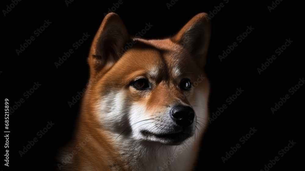 Shiba Inu Dog Portrait with Dramatic Lighting on Black Background
