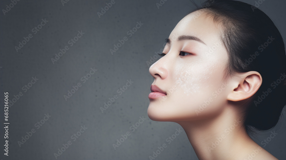 Fototapeta premium Elegant Asian Beauty Profile Skincare Perfection on Grey Background
