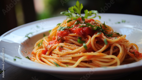Italian Spaghetti Pasta with Tomato Sauce Fresh Herbs and Parmesan Cheese on White Plate Closeup Culinary Presentation in Restaurant