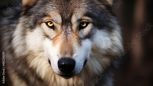 Intense Golden Eyed Grey Wolf Close Up Portrait in Natural Light