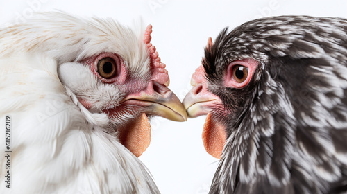 Close Up Portrait of Two Different Breeds of Chickens Facing Each Other Isolated on White Background photo