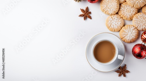 A flat lay of simple Christmas cookies and a cup of cocoa against a clean white backdrop AI generated illustration