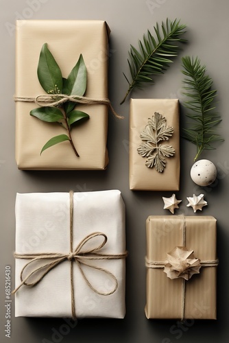A flat lay showcasing minimalistic sustainable gift wrapping options for Christmas AI generated illustration