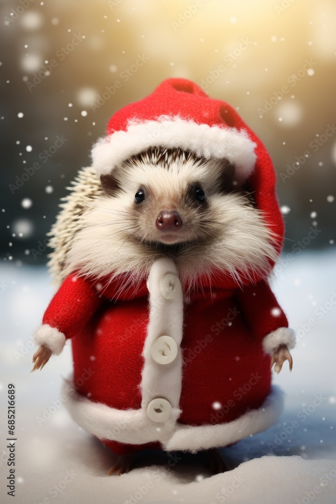 A hedgehog wearing a Santa Claus outfit against a simplistic snowy backdrop AI generated illustration A hedgehog wearing a Santa Claus outfit against a simplistic snowy backdrop AI generated illustration