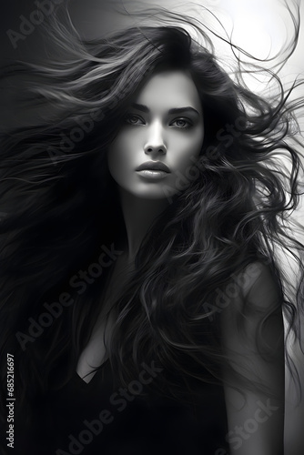 A black and white photo of a very long haired woman