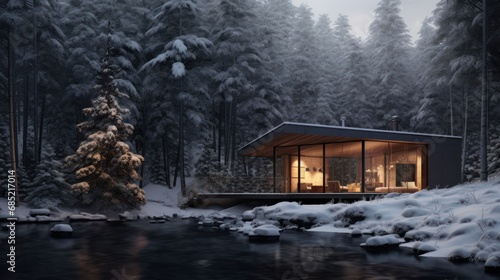 A secluded cabin surrounded by a snow-covered forest capturing the solitude and charm of winter in a minimalist woodland setting AI generated illustration