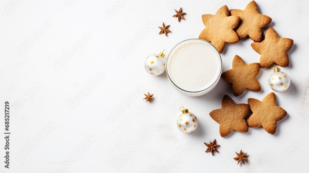 A simple yet festive flat lay of Christmas cookies and milk against a textured white background AI generated illustration A simple yet festive flat lay of Christmas cookies and milk against a textured white background AI generated illustration