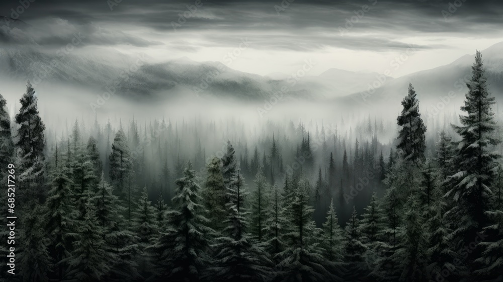 A snowy evergreen forest under a cloudy sky capturing the simplicity and monochromatic beauty of winter landscapes  AI generated illustration