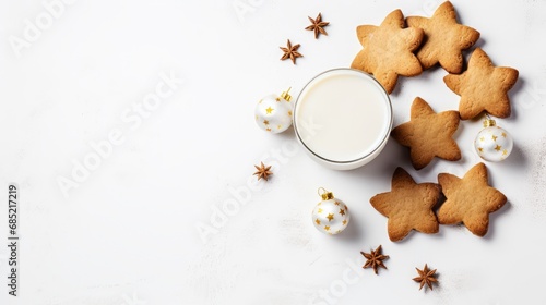 A simple yet festive flat lay of Christmas cookies and milk against a textured white background AI generated illustration