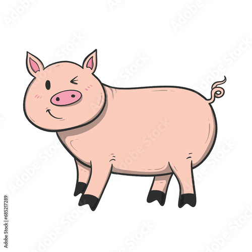 cute pink pig standing  with a happy expression and a curly tail