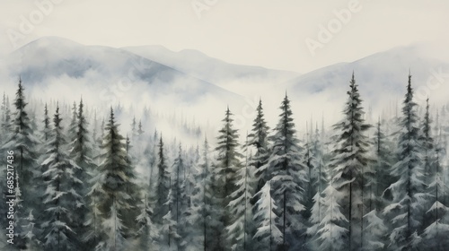 A snowy evergreen forest under a cloudy sky capturing the simplicity and monochromatic beauty of winter landscapes AI generated illustration
