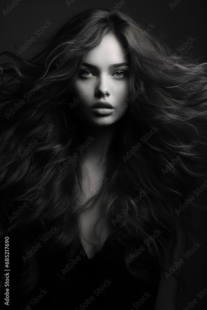 A black and white photo of a very long haired woman A black and white photo of a very long haired woman